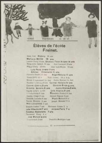 Vicenta et des enfants (photo 1937) et liste des enfants à l'école Freinet